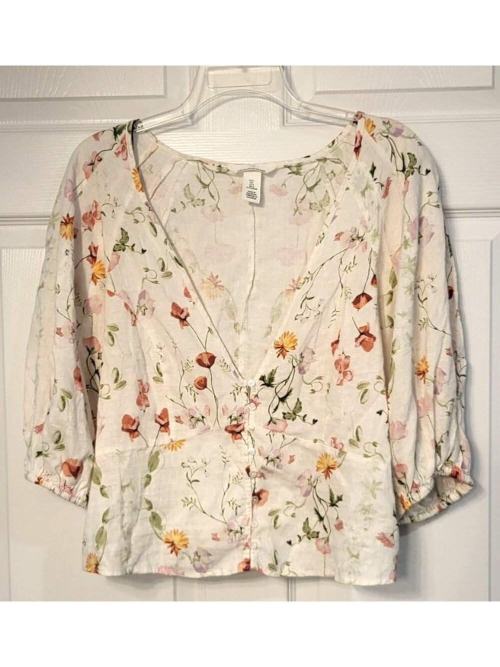 Womens H&M Linen Blend Floral Button Up Puff Sleeve Vneck Blouse L Fairy Peasant